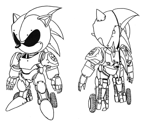 sonichedgeblog:    Early artwork of the front and back of Mecha