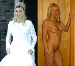 Another bride side by side with medium boobs, big pink nipples, and landing strip bush that is darker than the hair on her head.