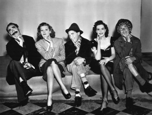 Groucho Marx, Lucille Ball, Chico Marx, Ann Miller, and Harpo