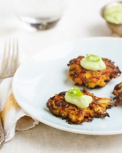 faymougles:13. Kolhrabi Carrot Fritters with Avocado Cream Sauce