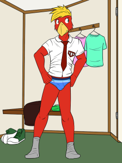Bird guy trying on some tiny briefs