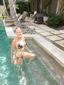 starprivate:  Sharon Stone plays fuckable bikini granny in her pool