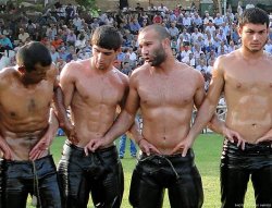 sexymenstraight:    Turkish Oil Wrestling (grease wrestling).