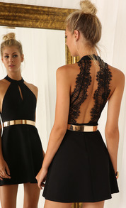 overfierce:  Black Halter Contrast Lace Backless Dress