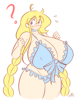 theycallhimcake:  Ugh, art is hard tonight. Here’s a quick doodle of what Cassie’s swimsuit looks like, since folks keep asking.  It IS summertime after all. She’s a big fan of ribbons and frills. She’s not, however, a big fan of being out in