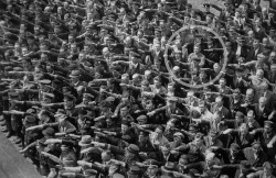 Alone man refusing to do the “Sieg Heil” salute at the launching