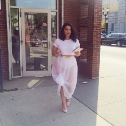 nadiaaboulhosn:  Post office wearing my @downtown_virgo skirt.