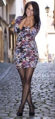 tightsobsession:  Skin tight flower dress with sheer pantyhose.