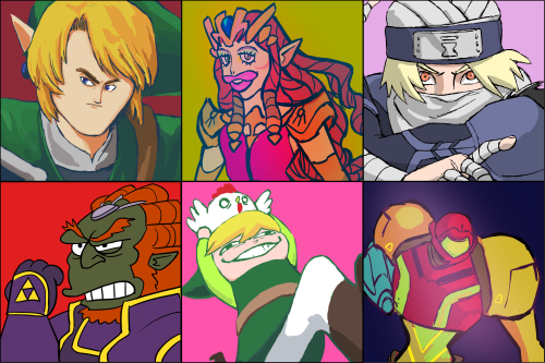 stindaan:  My friends and I drew the Smash 4 Roster for a gallery show at school. This was all so fun! The mii fighters in the final pic is of us, the artists. :) (Belen, S, Cris, Yotty, Julia, in that order) Credits: Cristian Bernal - Peach, Donkey Kong,