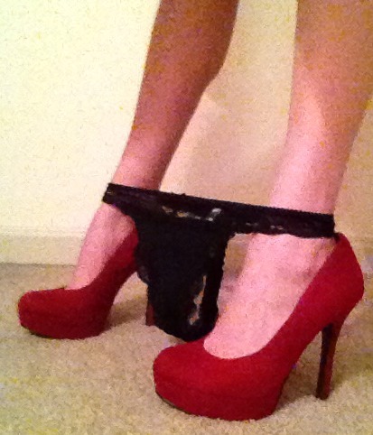 feministfuckmeat:  Anonymous: “Picture assignment: Put on your highest heels, like a whore should, and take a picture of your panties around your ankles. Understand tha this is the highest your panties should EVER go.” My favorite pair of heels, Sir.