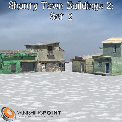 The  second set of buildings to build your own town and village. Includes 4  models which also work nicely with the other Shanty 2 Building Sets and  the Shanty 2 Town Blocks. This product is designed for use in Poser 5 and above. It has not been  tested