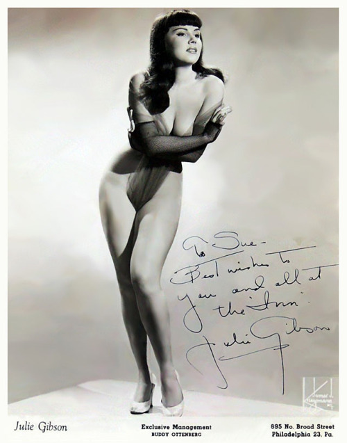    Julie Gibson      aka. “The Bashful Bride”.. Vintage promo photo personalized: “To Sue,  Best wishes to you and all at the “Inn” — Julie Gibson ”..    