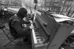 burnthebanks:  Protester plays piano over the sounds of chaos,