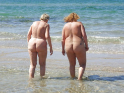 Two nude old ladies enjoying the beach trolling for young men!You