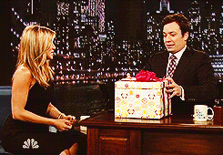 adeles:  Jennifer Aniston brings a present for Jimmy Fallon's