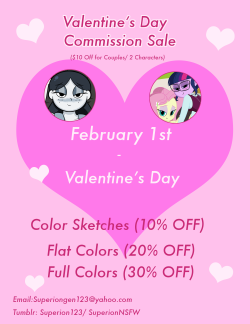 superionnsfw:  SLOTS: 4/5 Available  Seeing how my winter sale was a hit, and knowing, there might be a few people not interested in the YCH Auction, I’ve decided to do a Valentine’s Day Sale lasting until February 14th. It’ll basically follow