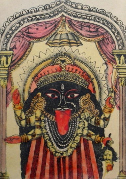 magictransistor:  Kali. Hand-Colored Woodblock Print, India. 1850s.  Goddess of destruction&hellip;.