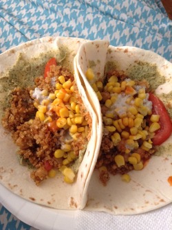 Tacos with quinoa, dill hummus, corn salsa, tomato, dairy free