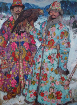 Leon Shulman Gaspard: Falconry in Central Asia, oil on silk,