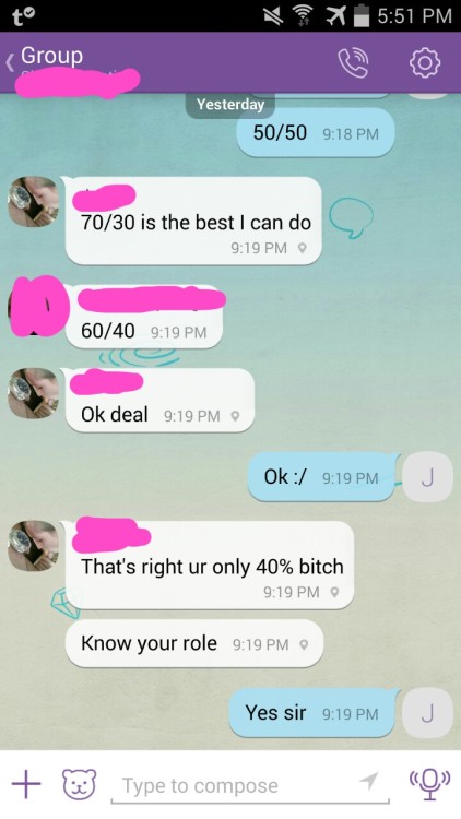 slutwife15:  This is a conversation between my wife face covered with pink her bull and me In Blue. Here you have him telling me how much percent my wife belongs to him and me. He is in charge of her and me and loves calling me bitch. As you can see his