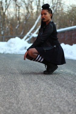 blackfashion:  Jacket: Thrifted, Dress: Forever 21, Shoes: Dr.Martens.