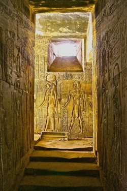 nina-berry:  Temple of the God Horus at Behdet: the east staircase leading to the roof of the Temple. On the background (east wall), the Goddess Mehyt (lioness-headed) and the God Horus the Child.Love the shallow, time-worn steps. Give me an easy trip