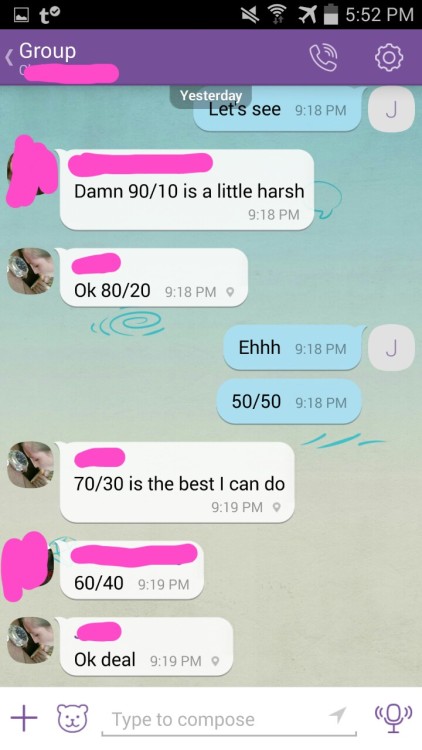 slutwife15:  This is a conversation between my wife face covered with pink her bull and me In Blue. Here you have him telling me how much percent my wife belongs to him and me. He is in charge of her and me and loves calling me bitch. As you can see his