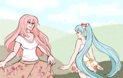 luka and miku singing and prancing around in a meadow on a bright