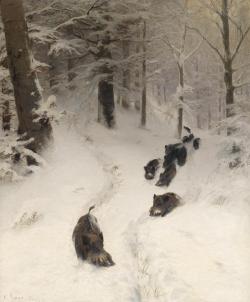 laclefdescoeurs:Herd of Wild Boar in a Winter Woodland, 1872,