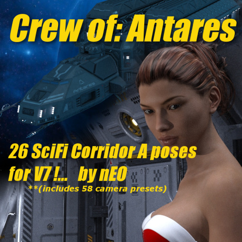 26  Poses for V7, and including 58 Camera Presets, for the crew of Antares  ‘Sci-Fi Corridor A’ by petipet, a DAZ studio Original. A new set for the  additional model Sci-Fi Corridor A. Ready for Daz Studio 4.8 and up! Get posing today! Crew