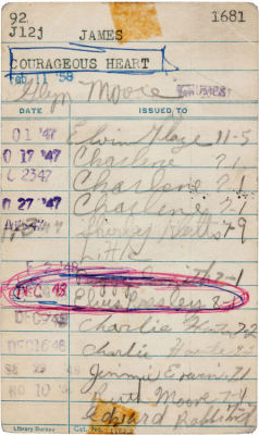 Library checkout card bearing Elvis’ signature in 1948, for “Courageous Heart: A Life of Andrew Jackson”