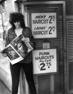 soundsof71:  Joey Ramone, “Punk Haircuts Any Style, Ū.75.”