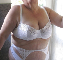 Big fat granny in white lingerie…love that big soft belly