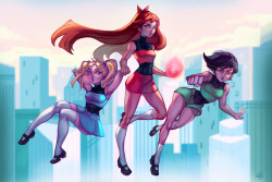 artofcelle:The Powerpuff Girls if they were in a superhero comic