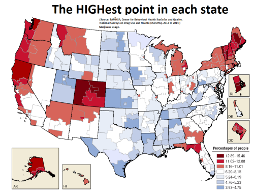 mapsontheweb:  The HIGHest Point in Each State: marijuana usage.