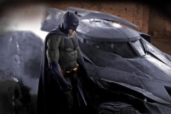 Ben Affleck in the new Batsuit, with the new Batmobile.   What