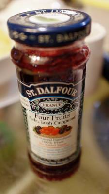 St. Dalfour’s Four Fruits jam on crackers. Tastes great.