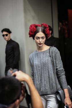 Zhenya Katava outside Dolce & Gabbana Spring 2015, Milan