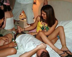 handjobbabes:  Hot babe delivers handjob at party …