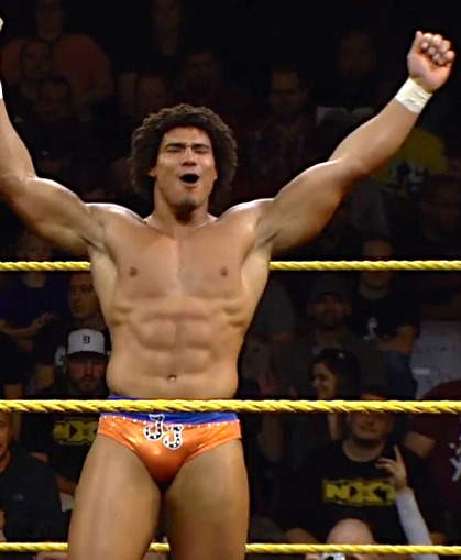 hotwrestlingcaps:  NXT wrestler Jason Jordan celebrate in the ring with his perfect body, thighs & specially the big bulge his victory. The trunks can barely hold everything together.  dat bulge 