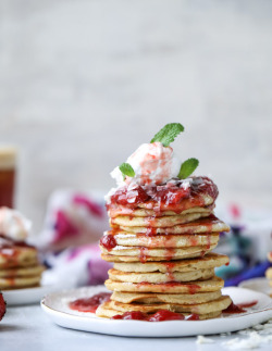 fullcravings:  Mini Ricotta Pancakes with Strawberry Syrup