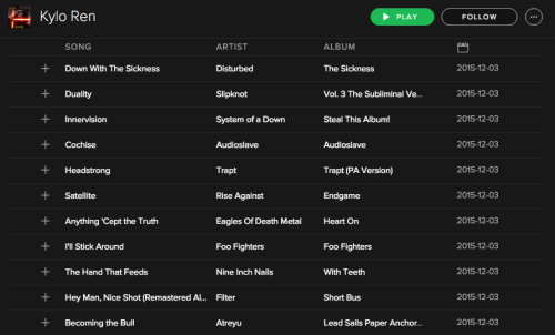 raffleupagus:  princessleiaa:  can we talk about how the Official Star Wars Spotify released this emo ass playlist  A lot of these are incredible. Vader is all old-school metal. Boba Fett is great too Qui-gon is super into prog, which is great and totally