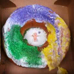 Our #kingcake got bumped a bit on the way to the party but still