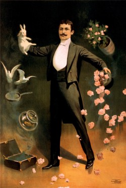 Zan Zig performing with rabbit and roses, magician poster, 1899