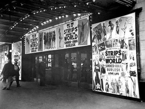  STRIPS AROUND THE WORLD  •  SINNER-AMA BURLESK Vintage photo from 1953 highlights the marquee of the ‘TIMES Theatre’; located at 8th Avenue & 41st Street, in New York City..    “HOT MUSIC” and “LOW Comedy SKITS”!!