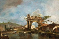 lionofchaeronea:Capriccio with Ruined Arch, River Bank, Fishermen,