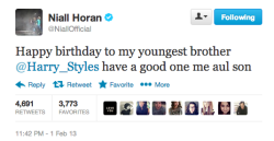  @NiallOfficial Happy birthday to my youngest brother @Harry_Styles have