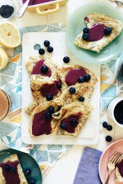 gastronomicgoodies:Lemon Poppy Seed Crepes with Blueberry Curd