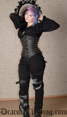 draculaclothing:  Pants: http://draculaclothing.com/spiked-pants-p-1739.htmlCorset: http://draculaclothing.com/hedgehog-faux-leather-corset-p-1679.htmlLeather