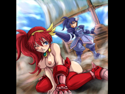 Two busty hentai female fighters one partially defeated by having